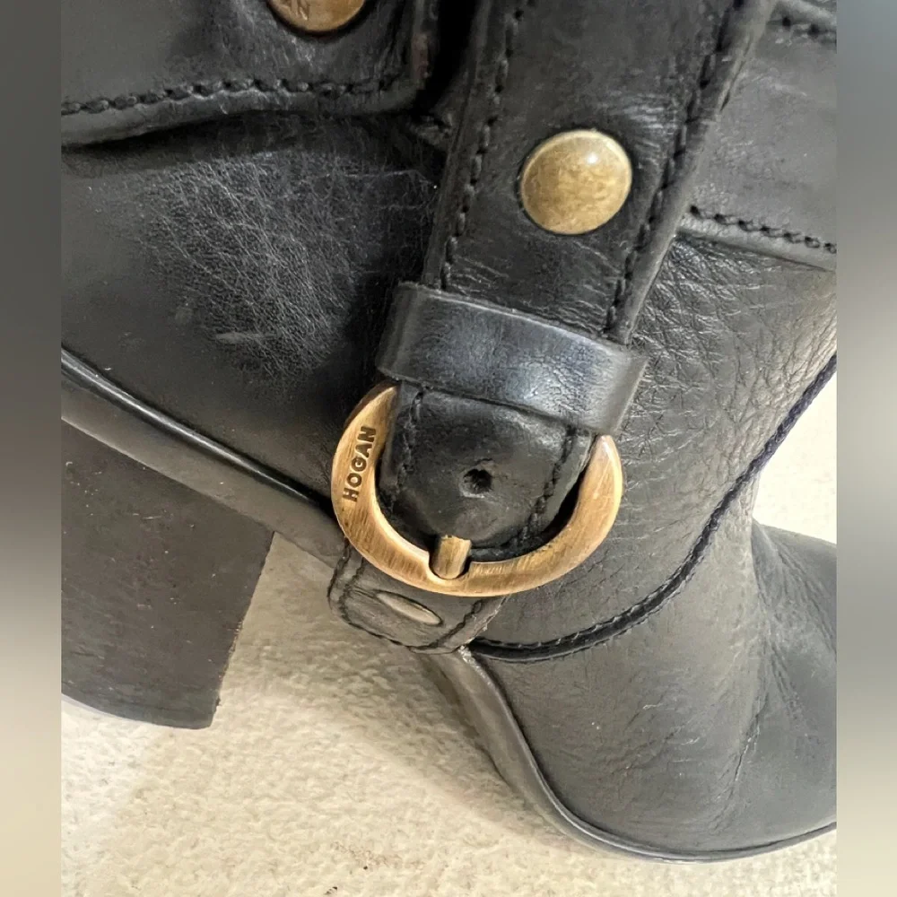 Hogan Womens Leather Buckle Detail Black Round‎ Toe Knee High Boots size 37